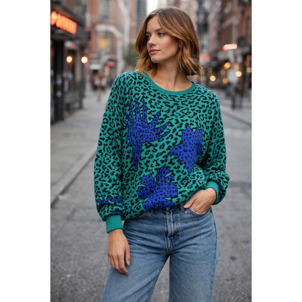 Vintage Adrianna‎ Papell Leopard Floral Knit Sweater 80s Green Blue L